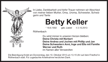 Traueranzeige von Betty Keller von Pegnitz-Zeitung